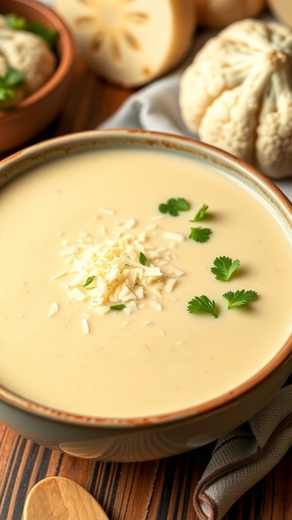 A bowl of creamy cauliflower soup garnished with Parmesan cheese and parsley, on a wooden table.